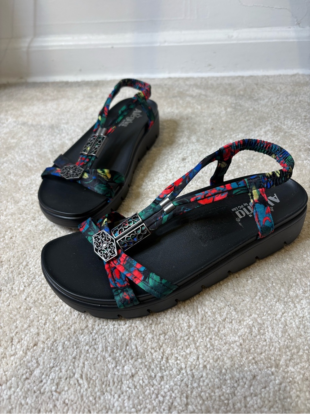 ALEGRIA by PG Lite -Women's Black Sandals with Multicolor Floral Straps